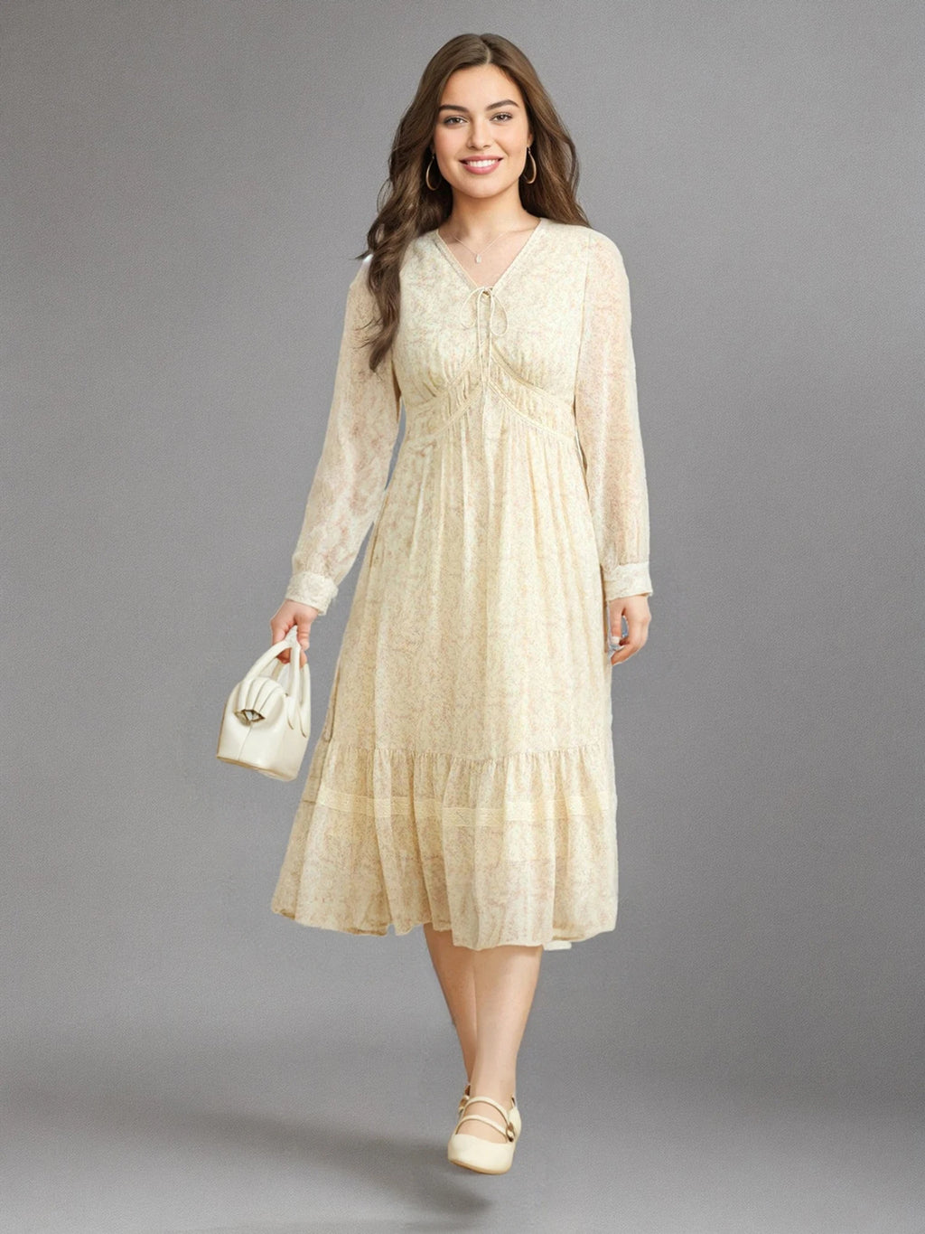 DUSHU Office Lady Women's Flowing Umbrella Chiffon V-neck Lace Dress 2025 Spring Fashion Midi Casual Loose Dress 25DS81218