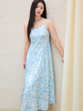 DUSHU Plus Size Green Ladies Strappy Long Dress 2025 Summer New Arrival High Waist Slimming Floral Pring Chic Dress 25DS82085