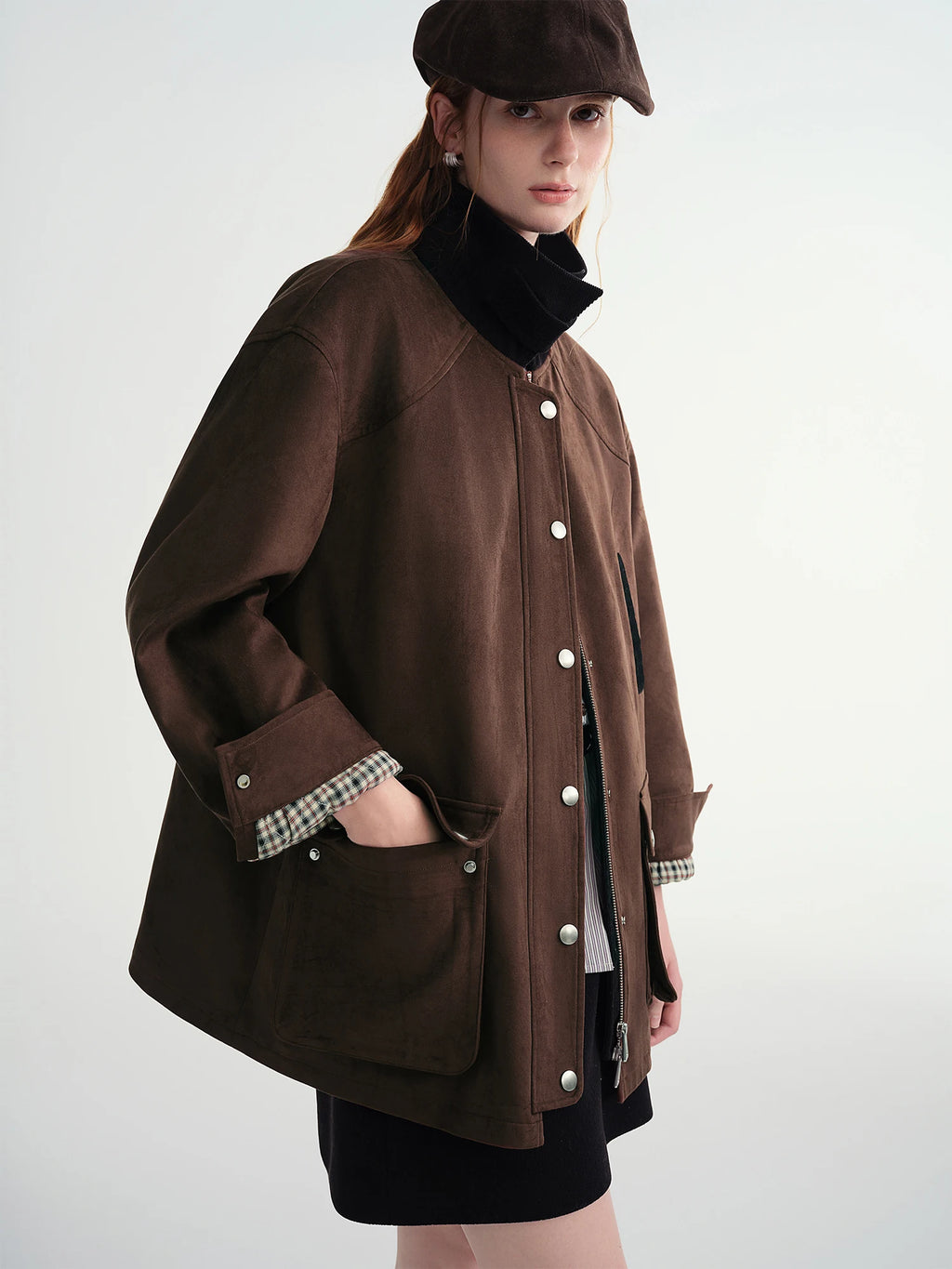 DUSHU Contrast Color Cropped Jacket Turn Down Collar Loose Autumn and Winter Jacket British Style Retro Coffee Chic