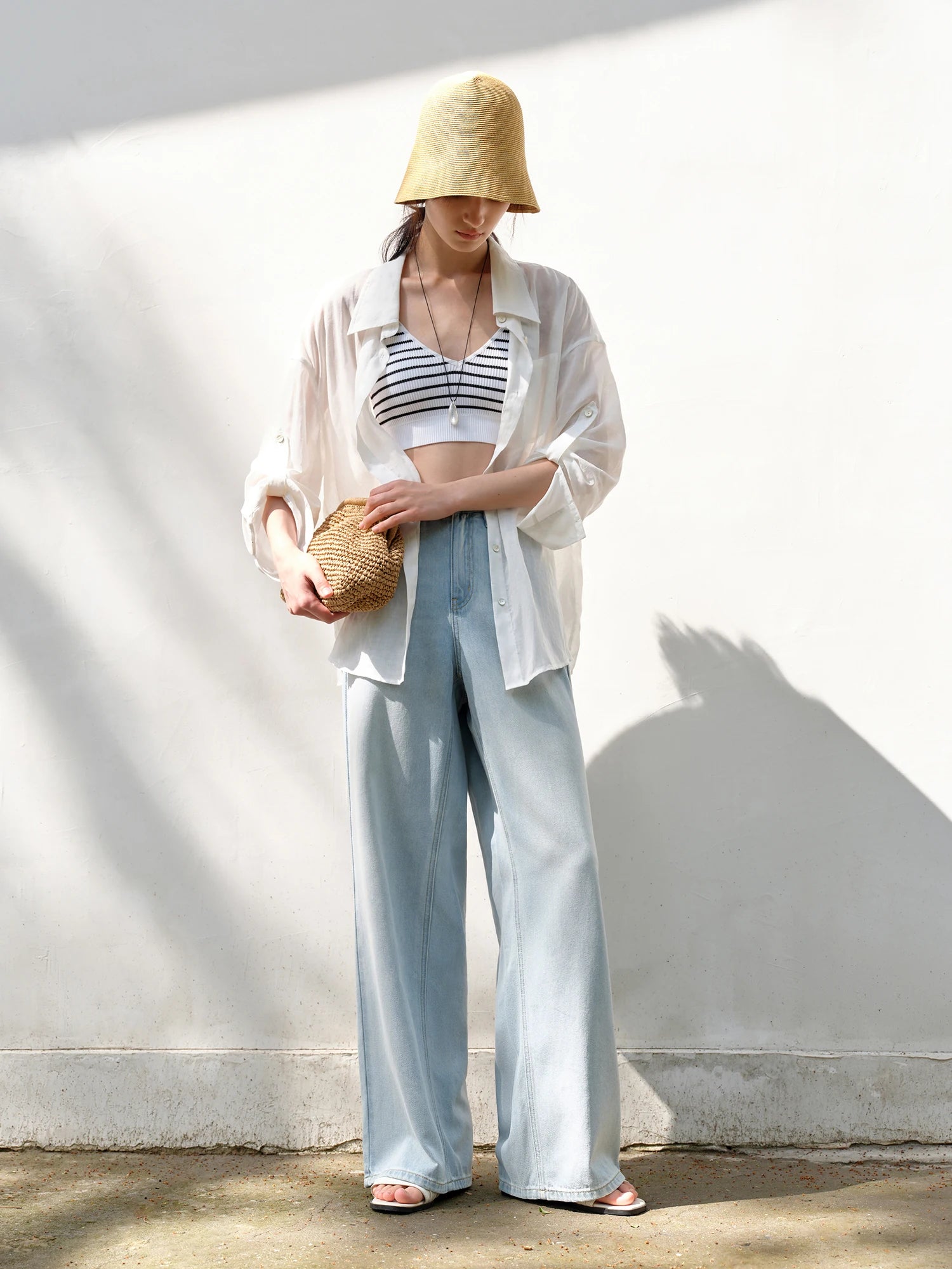 DUSHU Light-colored Jeans Summer 2025 New Style Fashionable All-match High Waist Striped Stitching Straight Pants 25DS82744