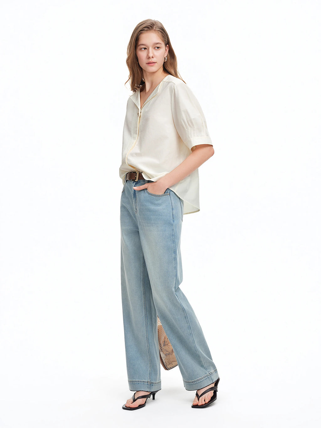 DUSHU Light Blue Double-leg Straight-leg Flared Pants Simple Pants Spring/summer Denim Wide-leg Pants Simple Classic