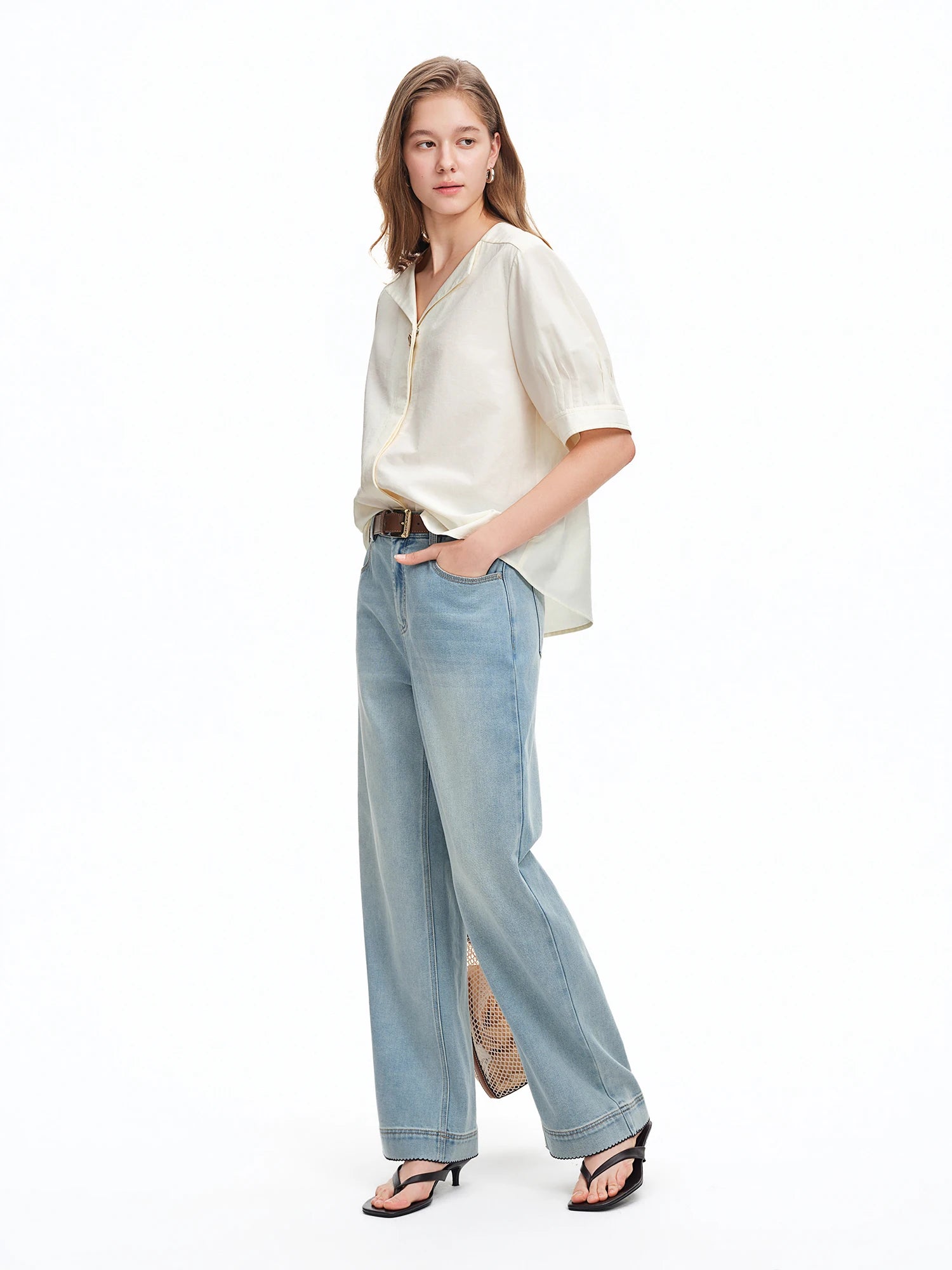 DUSHU Light Blue Double-leg Straight-leg Flared Pants Simple Pants Spring/summer Denim Wide-leg Pants Simple Classic