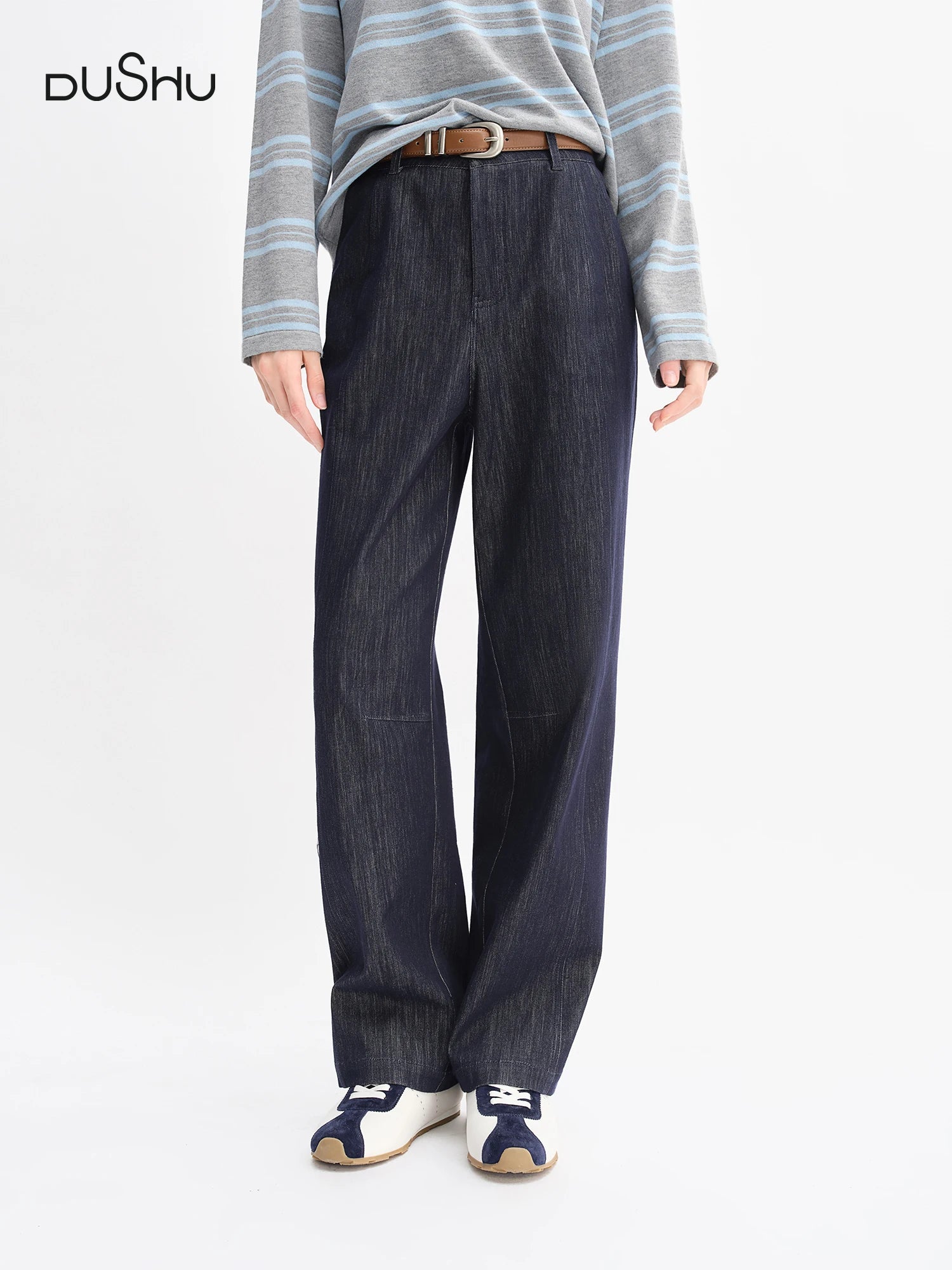 DUSHU Autumn 2025 Women's Vintage Wide Leg Jeans - Curve Flattering High Waist Stretch Denim Pants Arc Hem Casual Comfort Fit