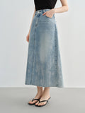 DUSHU Size Inclusive Womens Fashion Silver Pressed Denim Skirt for Summer 2025 High Waist Slimming Mid Length 25DS82068