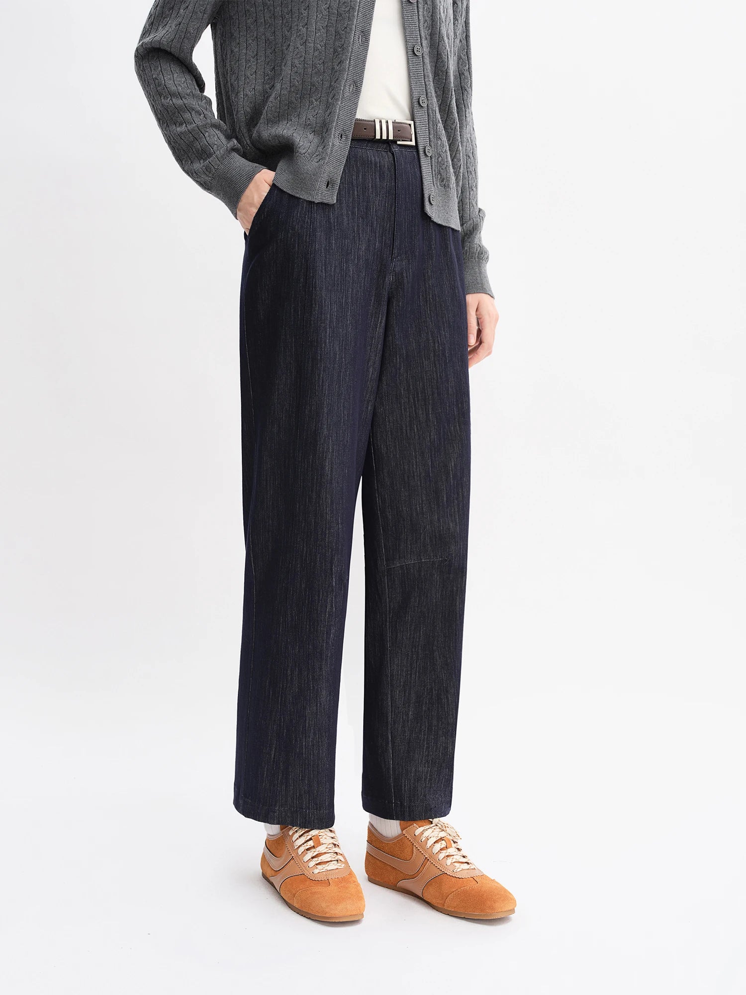 DUSHU Autumn 2025 Women's Vintage Wide Leg Jeans - Curve Flattering High Waist Stretch Denim Pants Arc Hem Casual Comfort Fit