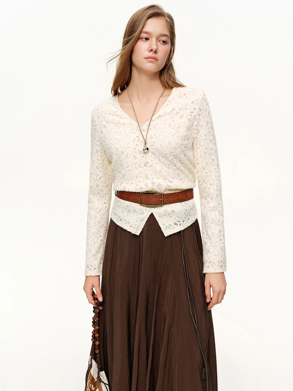 DUSHU 2026 Spring New Arrival Women's Textured Waist Top, Lace Trim Belted Blouse for Coquette Elegant Soft Office Chic Style