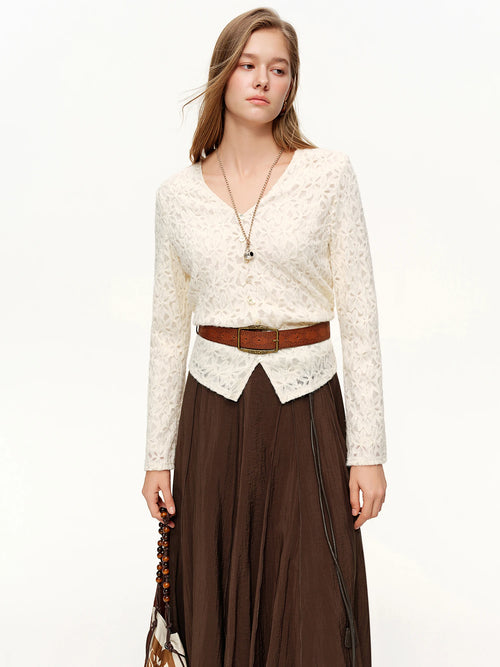 DUSHU 2026 Spring New Arrival Women's Textured Waist Top, Lace Trim Belted Blouse for Coquette Elegant Soft Office Chic Style