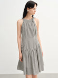 DUSHU Women Halter Neck Lace-up Plaid Dress 2025 Summer New Arrival Sweet Style Retro Halter Neck Casual Chic Dress 25DS82490