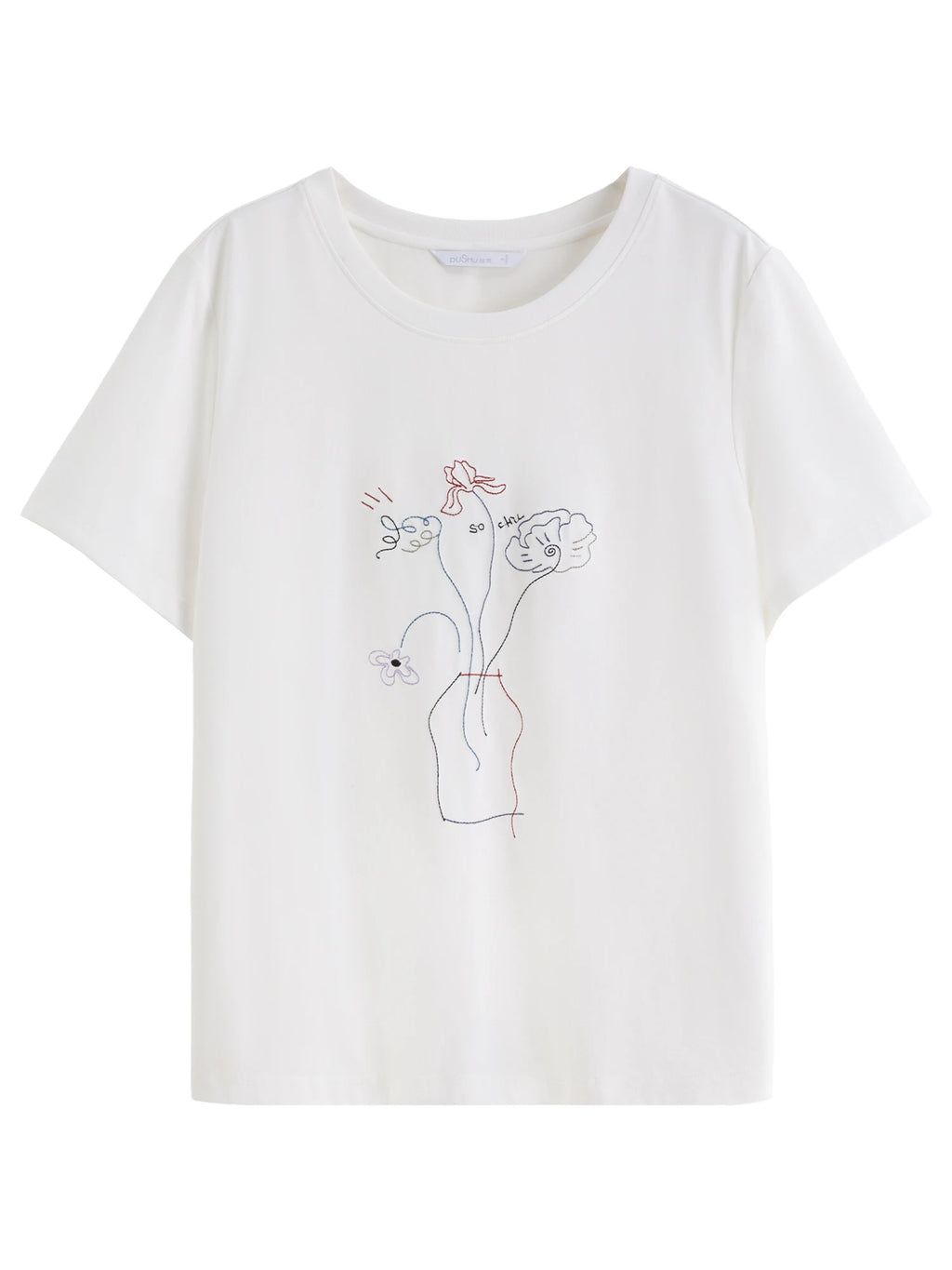 DUSHU Artistic Embroidered Flower T-shirt Classic Round Neck Slim Fashion Casual Tops for Women 25DS82857