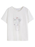 DUSHU Artistic Embroidered Flower T-shirt Classic Round Neck Slim Fashion Casual Tops for Women 25DS82857
