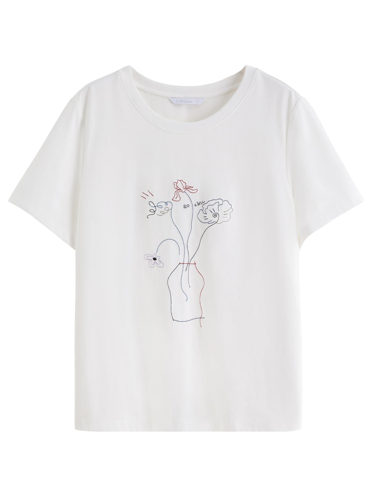 DUSHU Artistic Embroidered Flower T-shirt Classic Round Neck Slim Fashion Casual Tops for Women 25DS82857