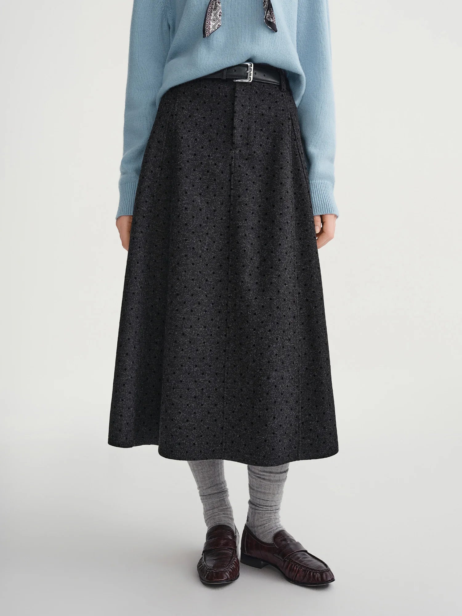 DUSHU 2025 Winter Women's High Waist Polka Dot Full Skirt with Elastic Back - A-Line Mid-Length Flared Skirt for Daily
