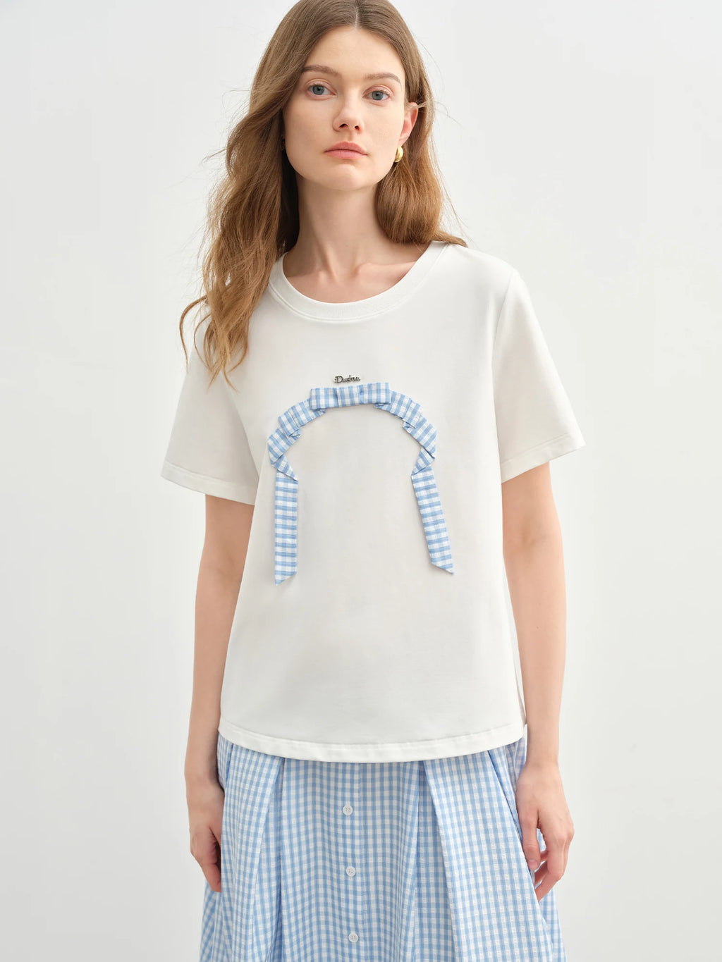 DUSHU Plus-size Women's Short Sleeve Round-neck T-shirt 2025 Summer New Arrival Origami Print Bow Top Shirt Tees 25DS82433