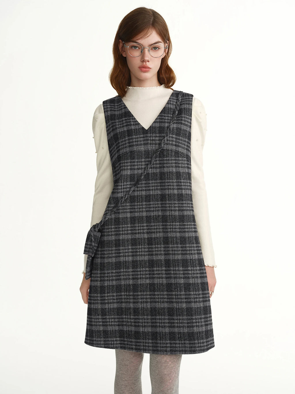 DUSHU Plus-Size Women Green Notes Crossbody Bag Embellished Plaid Vest Dress 2025 Winter New Arrival Only Vest Dresses With Bag