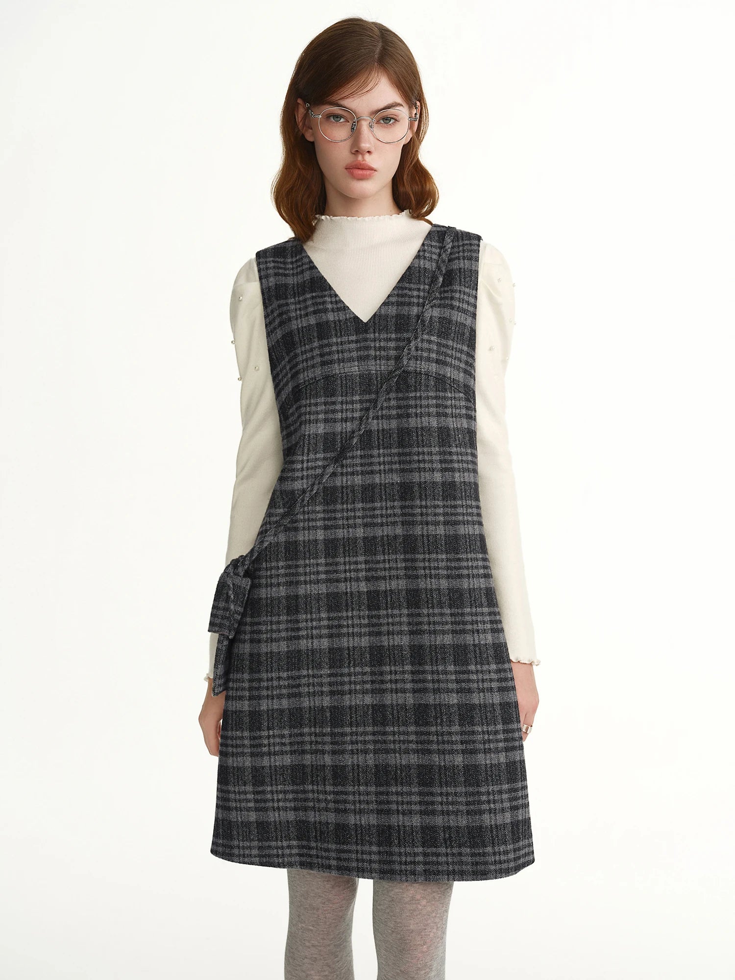DUSHU Plus-Size Women Green Notes Crossbody Bag Embellished Plaid Vest Dress 2025 Winter New Arrival Only Vest Dresses With Bag