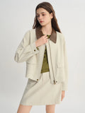 DUSHU Contrast Color Woven Leather Collar Jacket Women 2025 Autumn Drop Shoulder Short Coat Cleanfit Streetwear Leisure