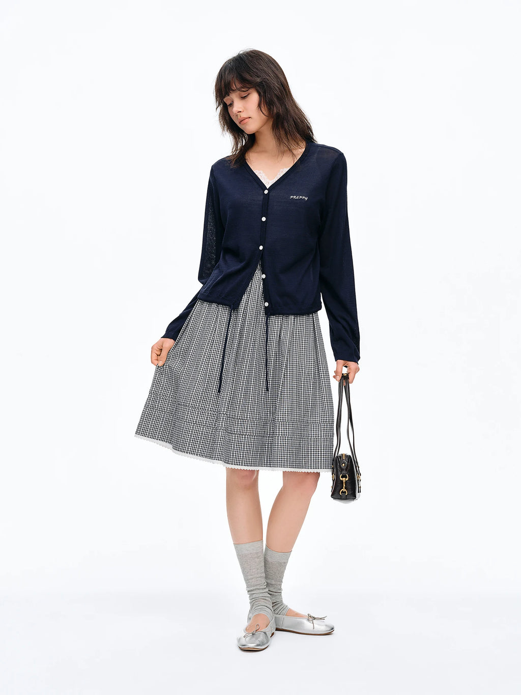 DUSHU 2026 New Summer Women's Black White Plaid Midi Skirt, Slimming A-Line Layered Skirt for Y2K Retro & Preppy Style Chic