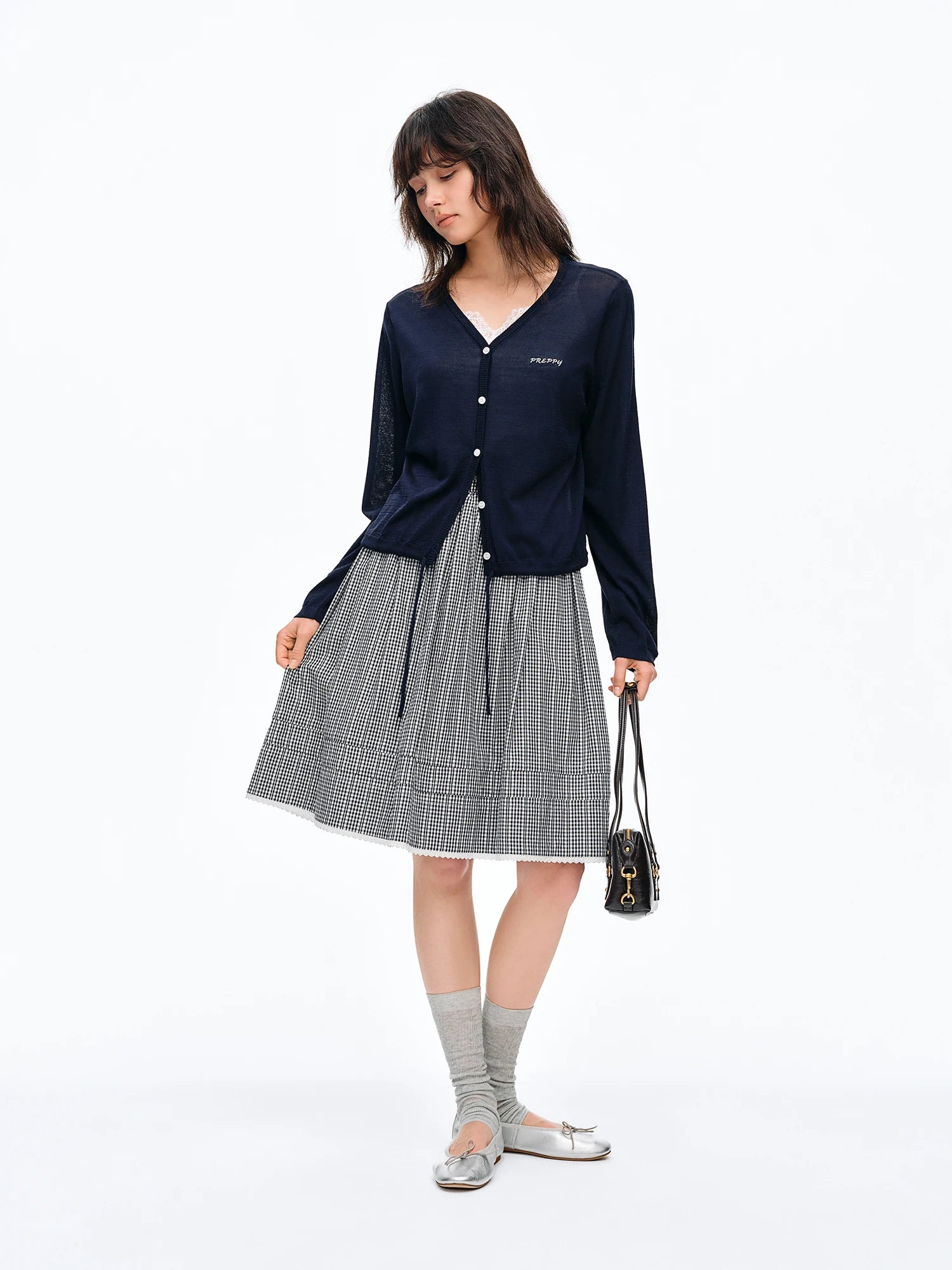 DUSHU 2026 New Summer Women's Black White Plaid Midi Skirt, Slimming A-Line Layered Skirt for Y2K Retro & Preppy Style Chic