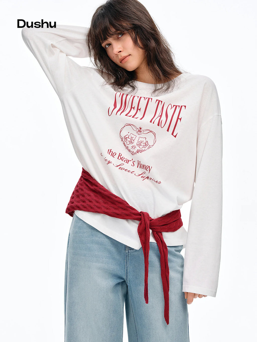 DUSHU Knitted Shawl Long-Sleeved T-Shirt 2026 Summer New Casual Two-Piece Set Letter Printed Leisure Chic Korean Trendy