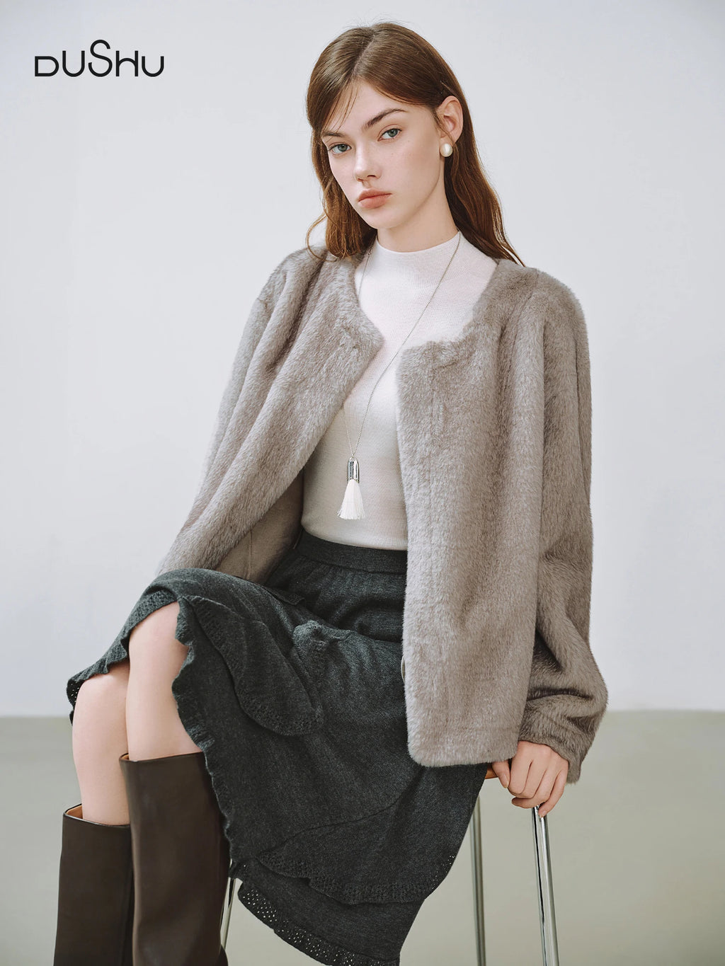 DUSHU Plus Size Faux Mink Eco-friendly Fur Coat New Winter 2025 Loose Fit Short Coat Banquets Commuting Classic Elegant Design