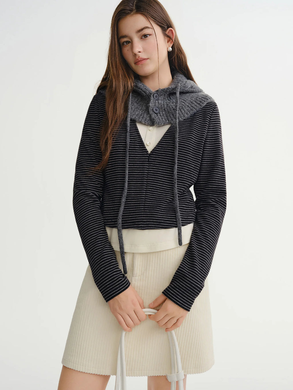 DUSHU Women Layered Design Bold Color Clash Mock Two-Piece Long-Sleeve Turtleneck Casual Versatile Flattering Slimming Top