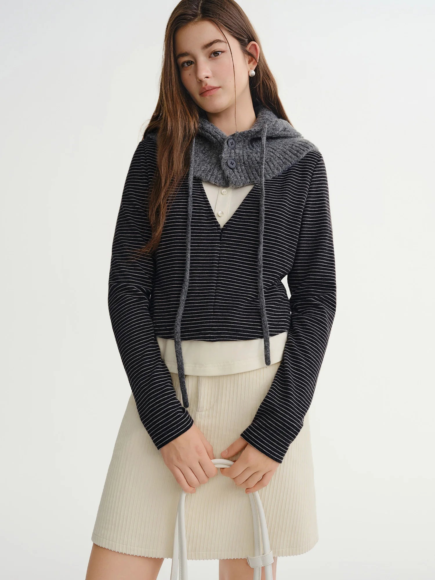 DUSHU Women Layered Design Bold Color Clash Mock Two-Piece Long-Sleeve Turtleneck Casual Versatile Flattering Slimming Top