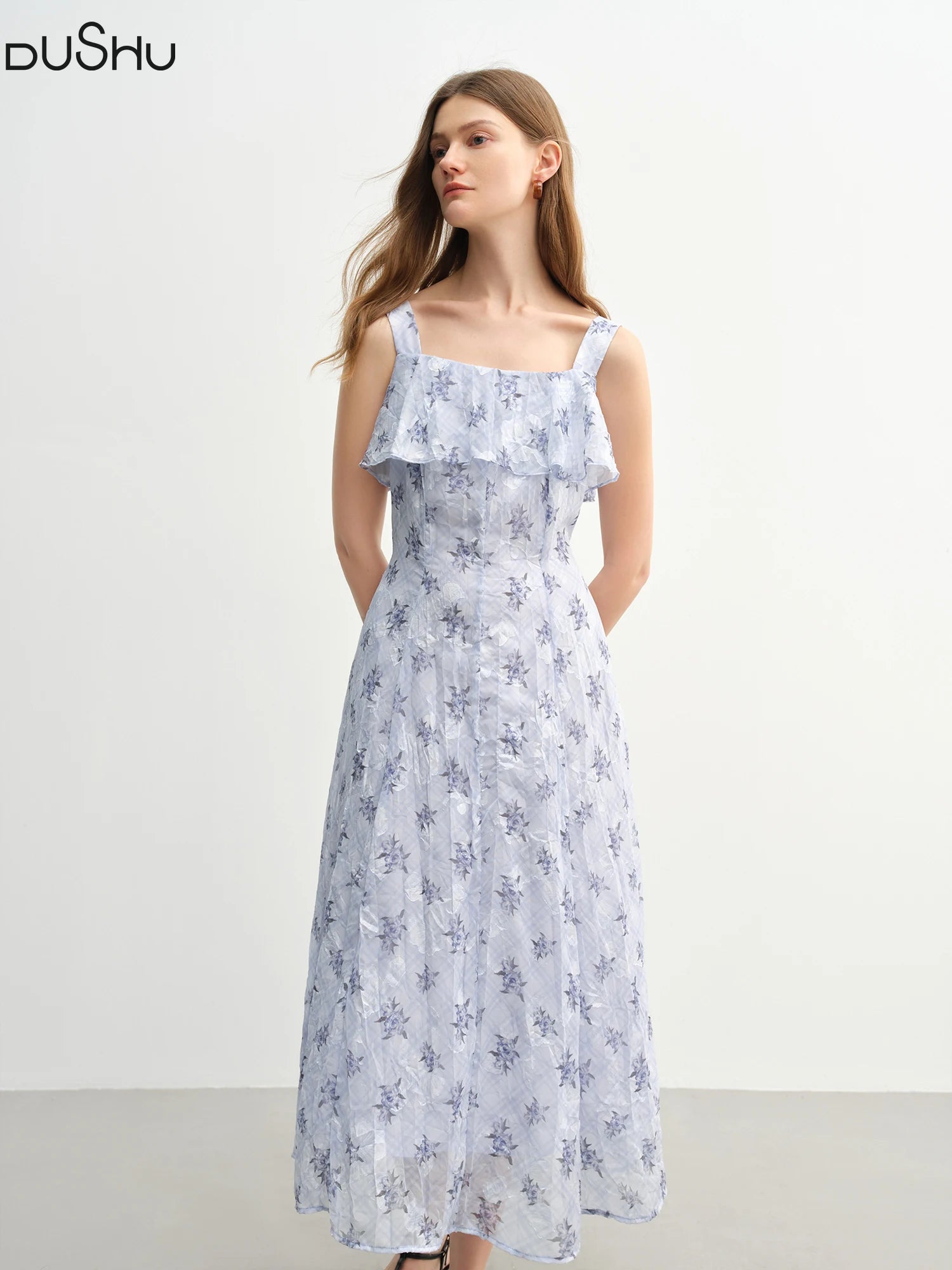 DUSHU French Style Rose Print Cut Flower Strappy Dress 2025 New Summer Arrival Elegant Temperament Slim Long Dress 25DS82577