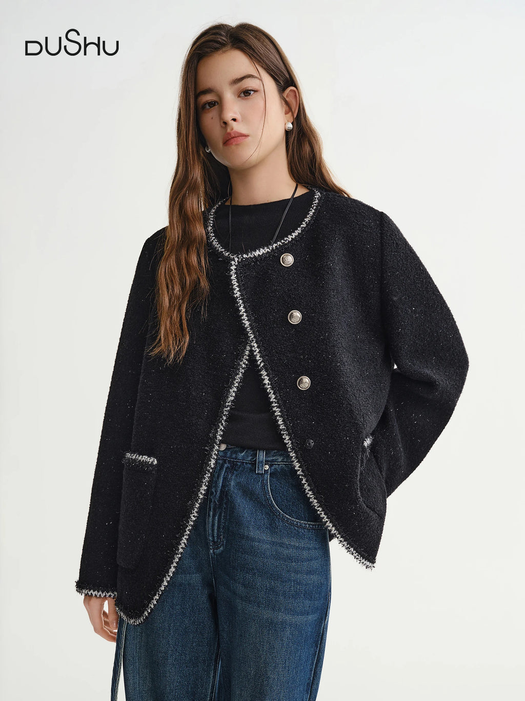 DUSHU Black Elegant Round Neck Jacket Winter New Wool Shoulder Short Jacket European Style Trendy Chic Commuting Office Simple