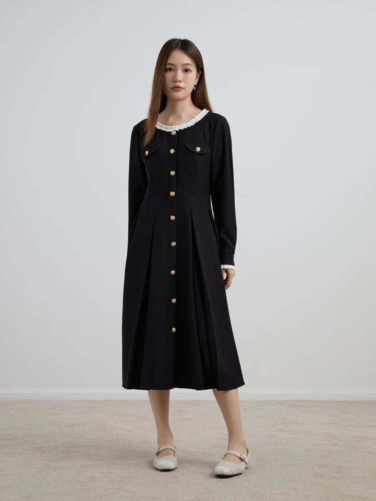 DUSHU Sweet Romantic Waist Pulling Dress Winter 2023 New Hepburn Style Temperament Black Dress Casual Loose Women Dress