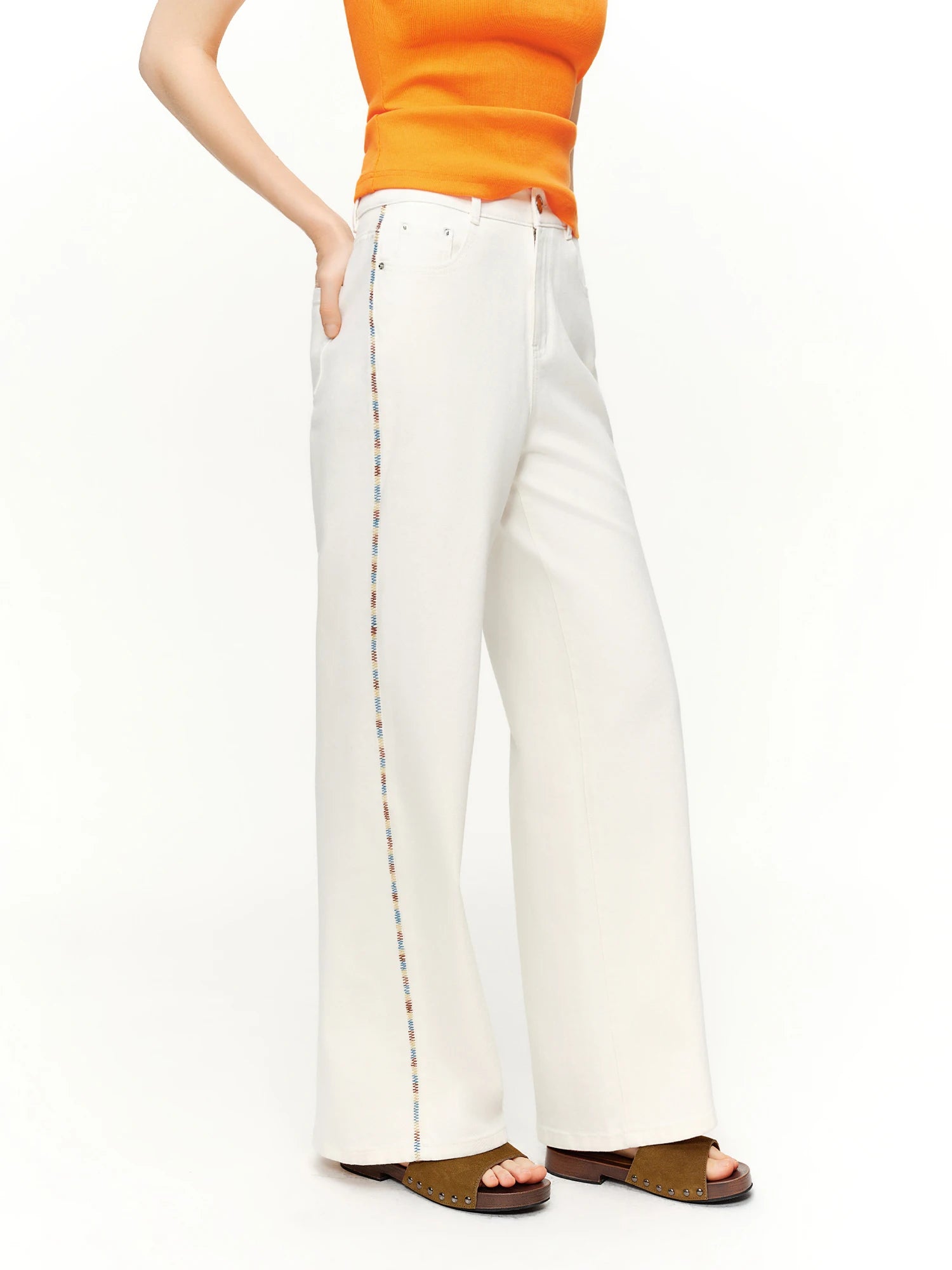 DUSHU 2026 Spring Women's Color Block Embroidered Straight Leg Jeans with Two Length Feature, Mix Match Patchwork Denim Pants