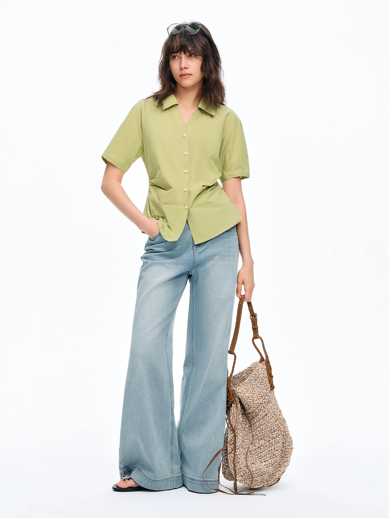 DUSHU Light Blue Double-leg Straight-leg Flared Pants Simple Pants Spring/summer Denim Wide-leg Pants Simple Classic