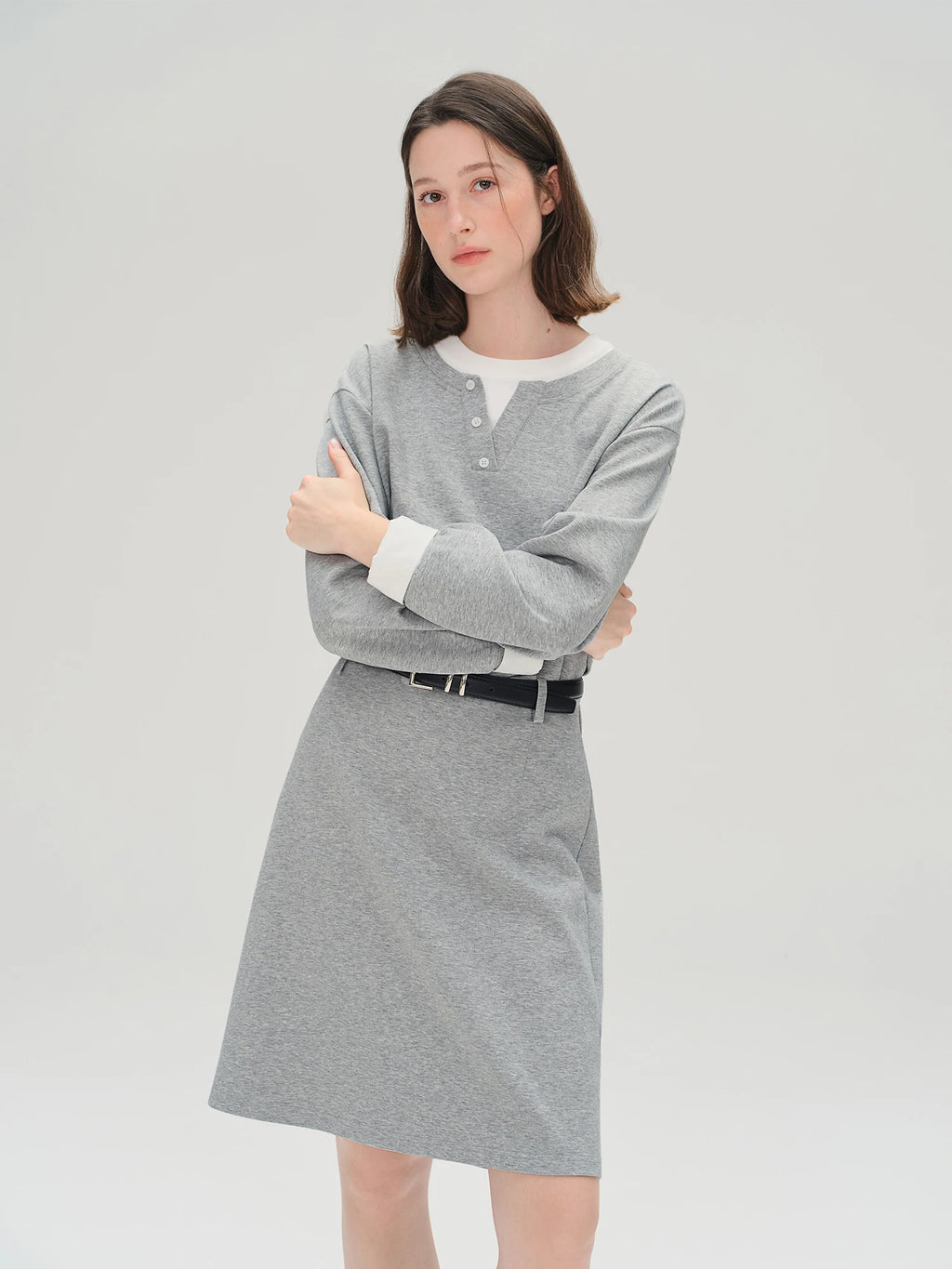 FSLE Autumn 2025 Women's Mock Layer Dress - Flattering Fit Versatile Length Shift Style Casual Elegant with Lace Trim