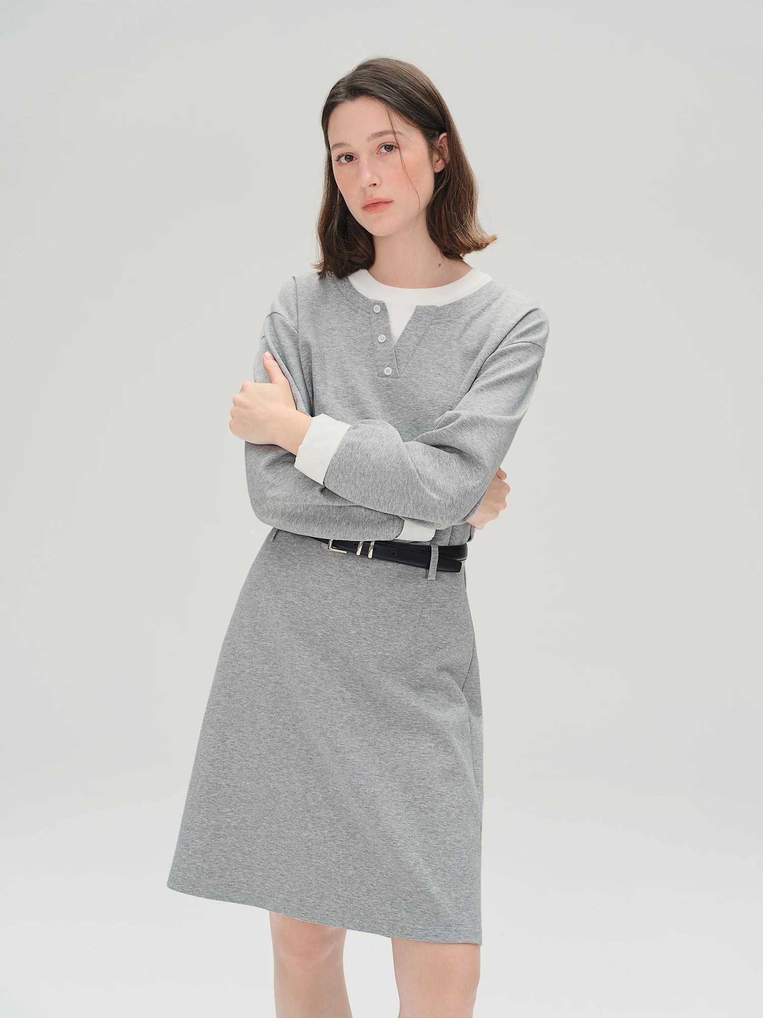 FSLE Autumn 2025 Women's Mock Layer Dress - Flattering Fit Versatile Length Shift Style Casual Elegant with Lace Trim