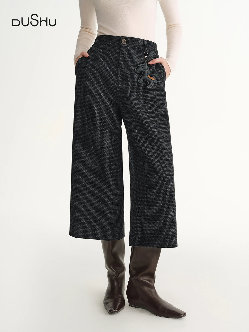 DUSHU Plus-Size Gray Wool Blend Fine Check Cropped Casual Pants 2025 Winter High-Waisted Calf-length Straight British Style