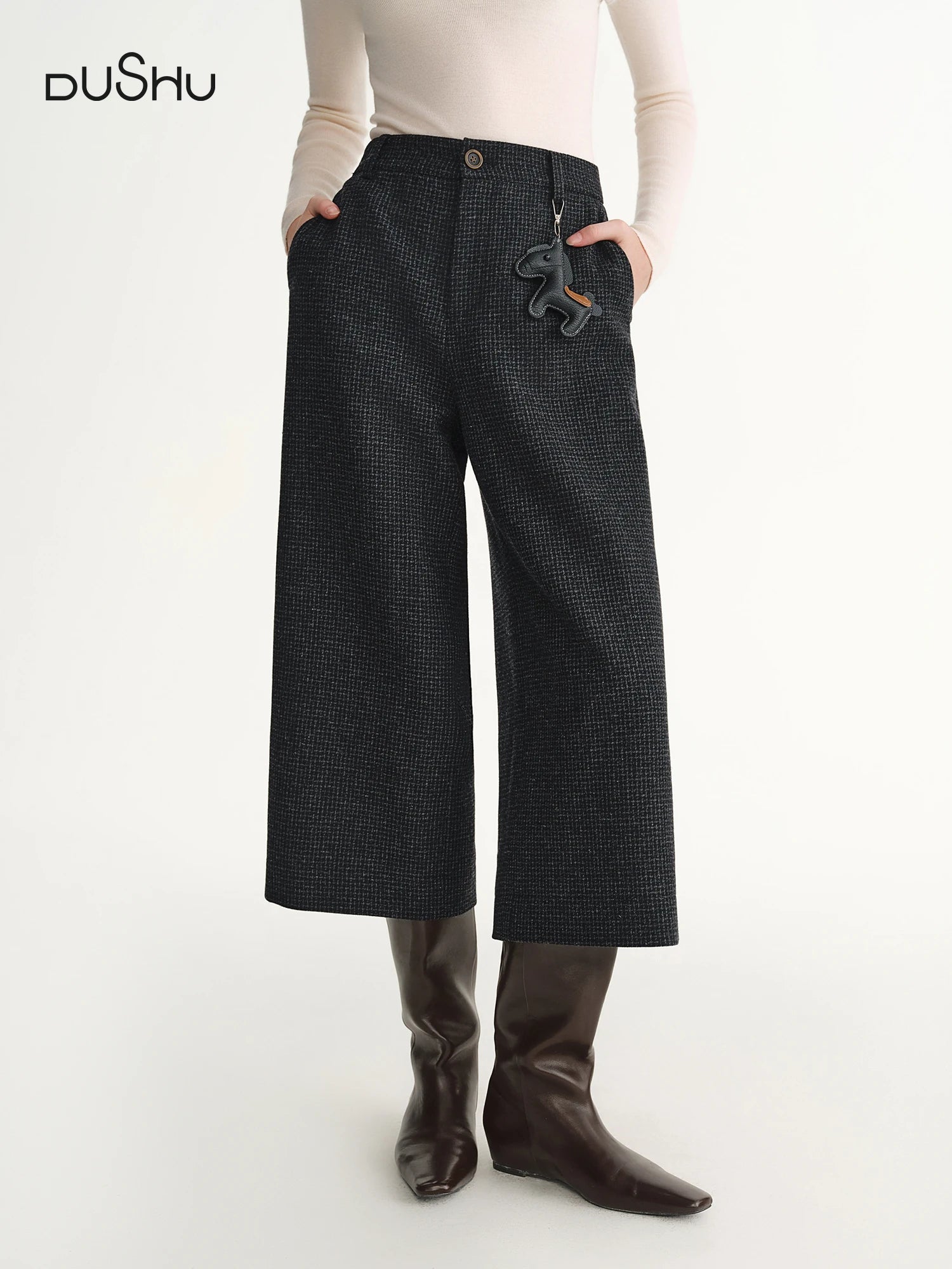 DUSHU Plus-Size Gray Wool Blend Fine Check Cropped Casual Pants 2025 Winter High-Waisted Calf-length Straight British Style