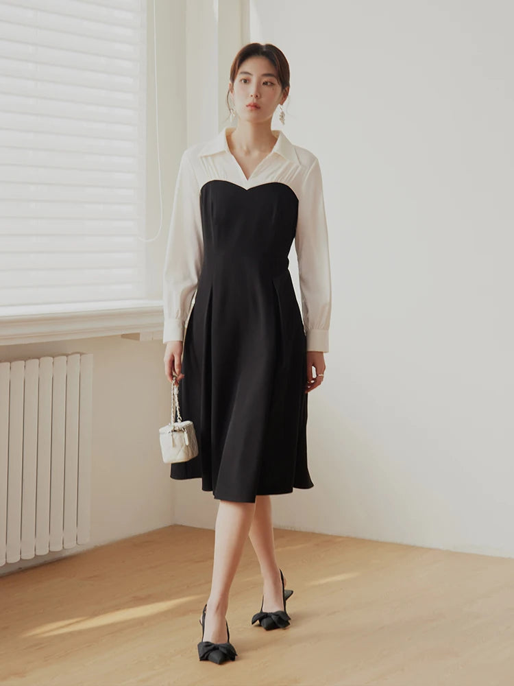 DUSHU Large Size Tulip Skirt Double Version Dress for Women Black and White Splicing Slim Spring New Style Commuter Dress Female