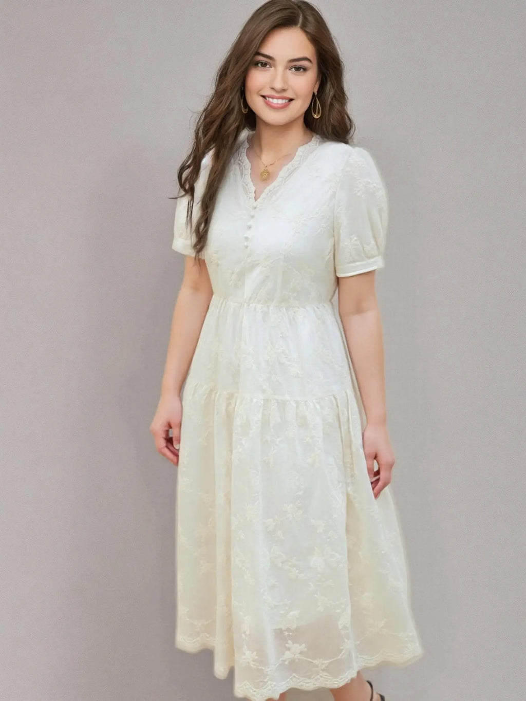 DUSHU Women Beige Dress Gentle Style Short Sleeve V-Neck Long Lace Lyocell Dresses 2025 Summer X-LINE Dress 25DS81330