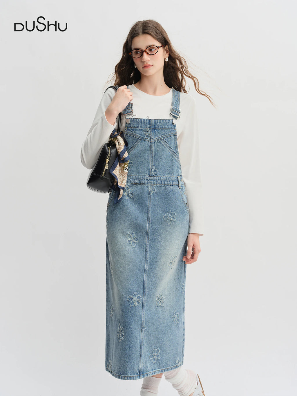 DUSHU Plus-Size【Denim Party】 Fringed Flower Denim Jacket with Suspenders Skirt 2025 Fall Denim Outfit 25DS83159+25DS83123
