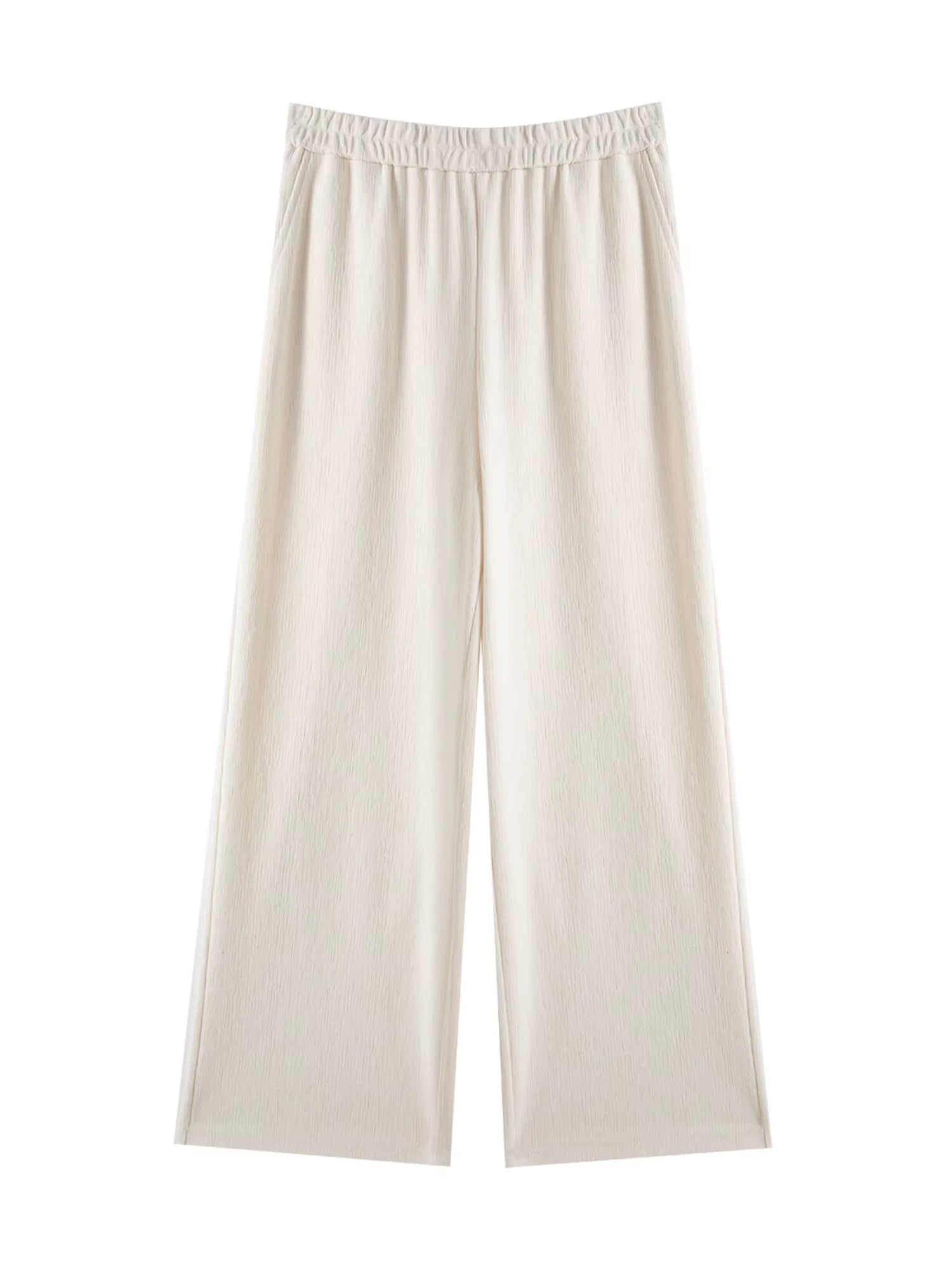 DUSHU Women Spring Casual Pants Beige All-Match Elastic Waist Straight Trousers Black Commuter Long Trouser 25DS81140