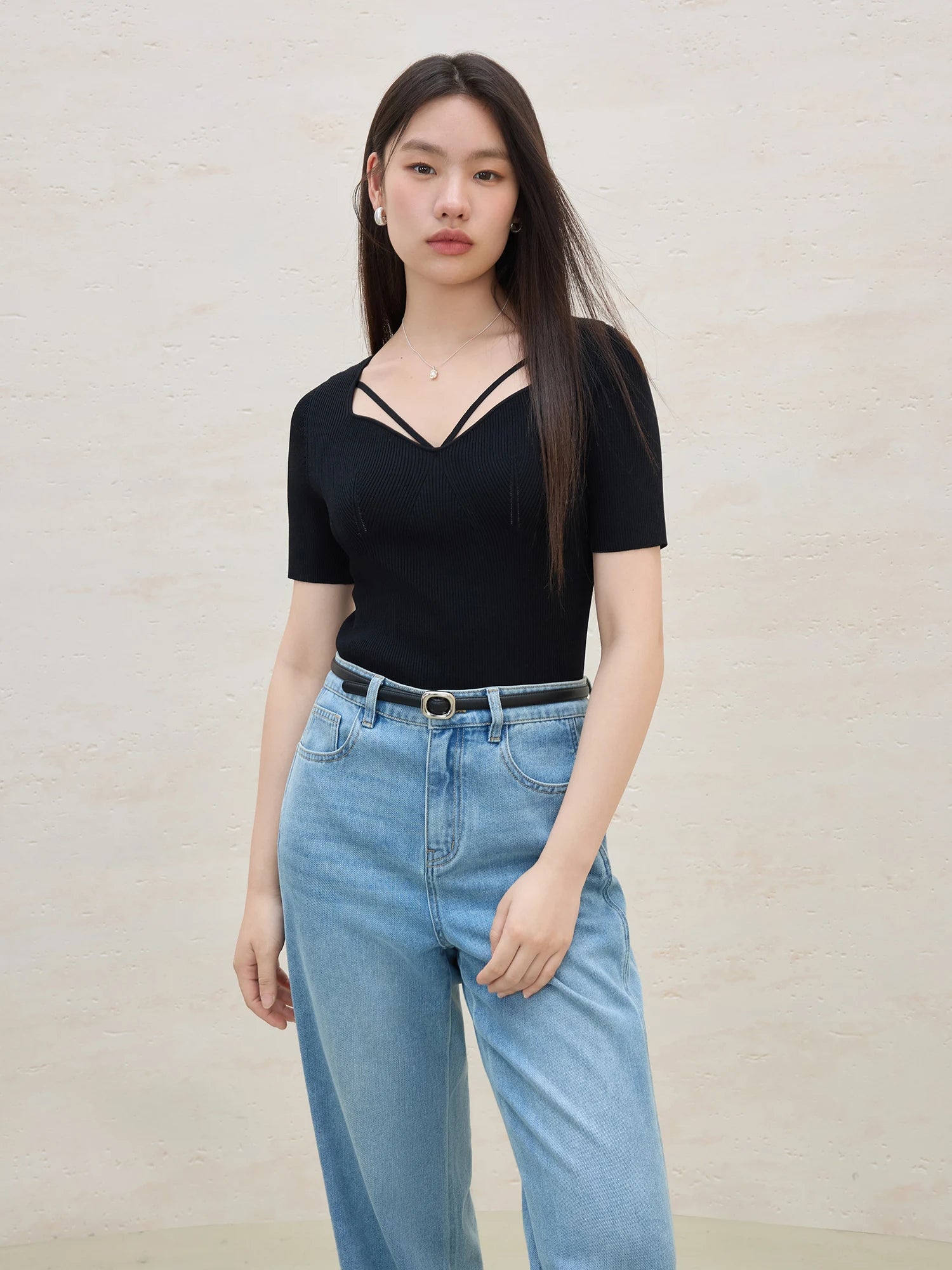 DUSHU Plus Size Commuting Simple Knitted Short-sleeved T-shirt Women 2025 Summer New Arrival Basic Versatile Tops 25DS82042