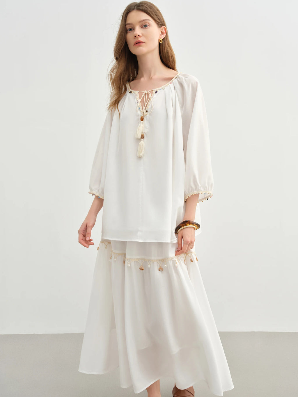 DUSHU Holiday Style Women Wave Playful Skirt Shell Lace Travel Long Skirt 2025 New Arrival A-line Umbrella Skirt 25DS82748