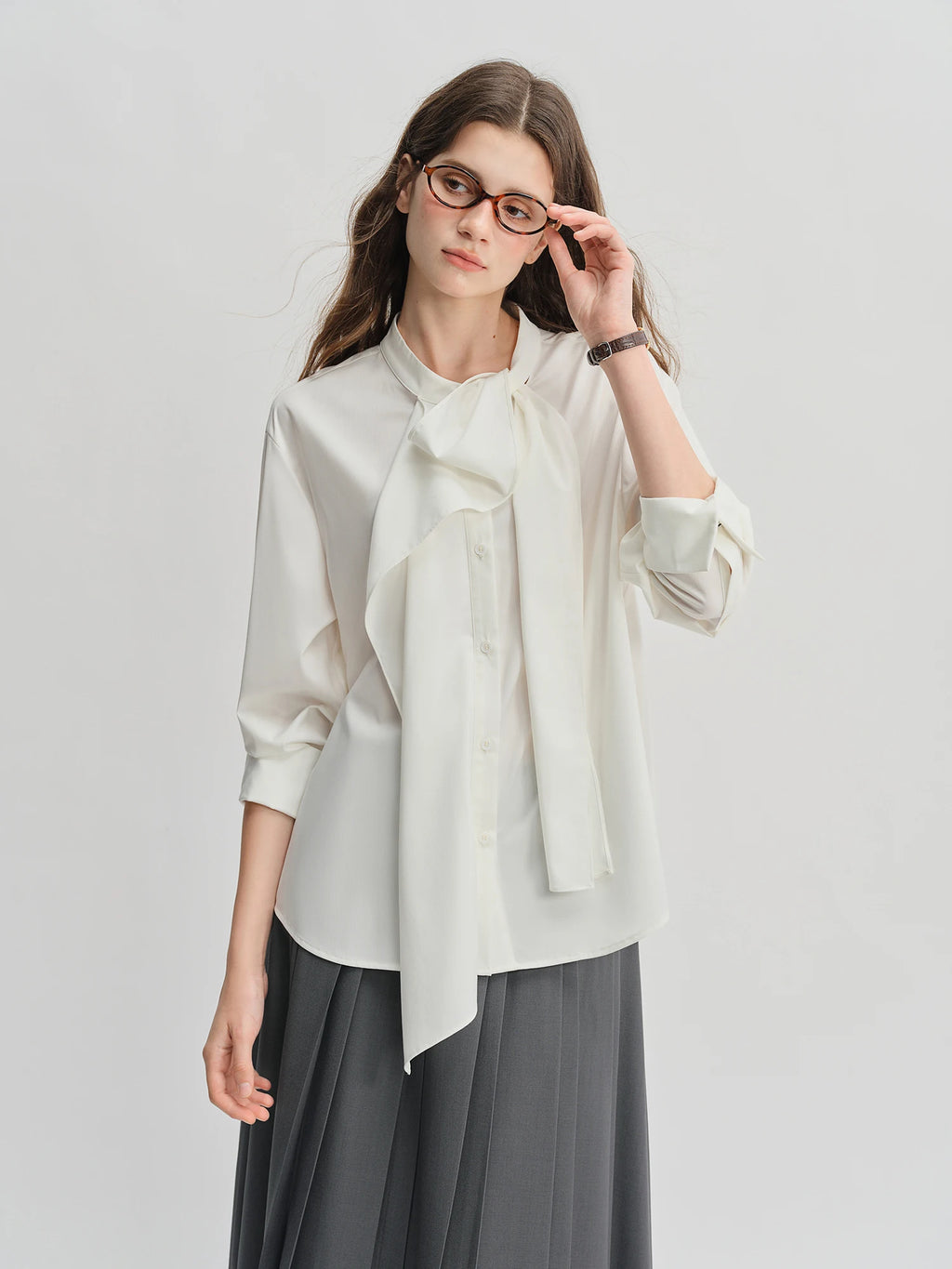 DUSHU Autumn 2025 Women's Ribbon Tie Blouse - Irregular Design Flowy Shirt with Tailored Fit for Office Casual