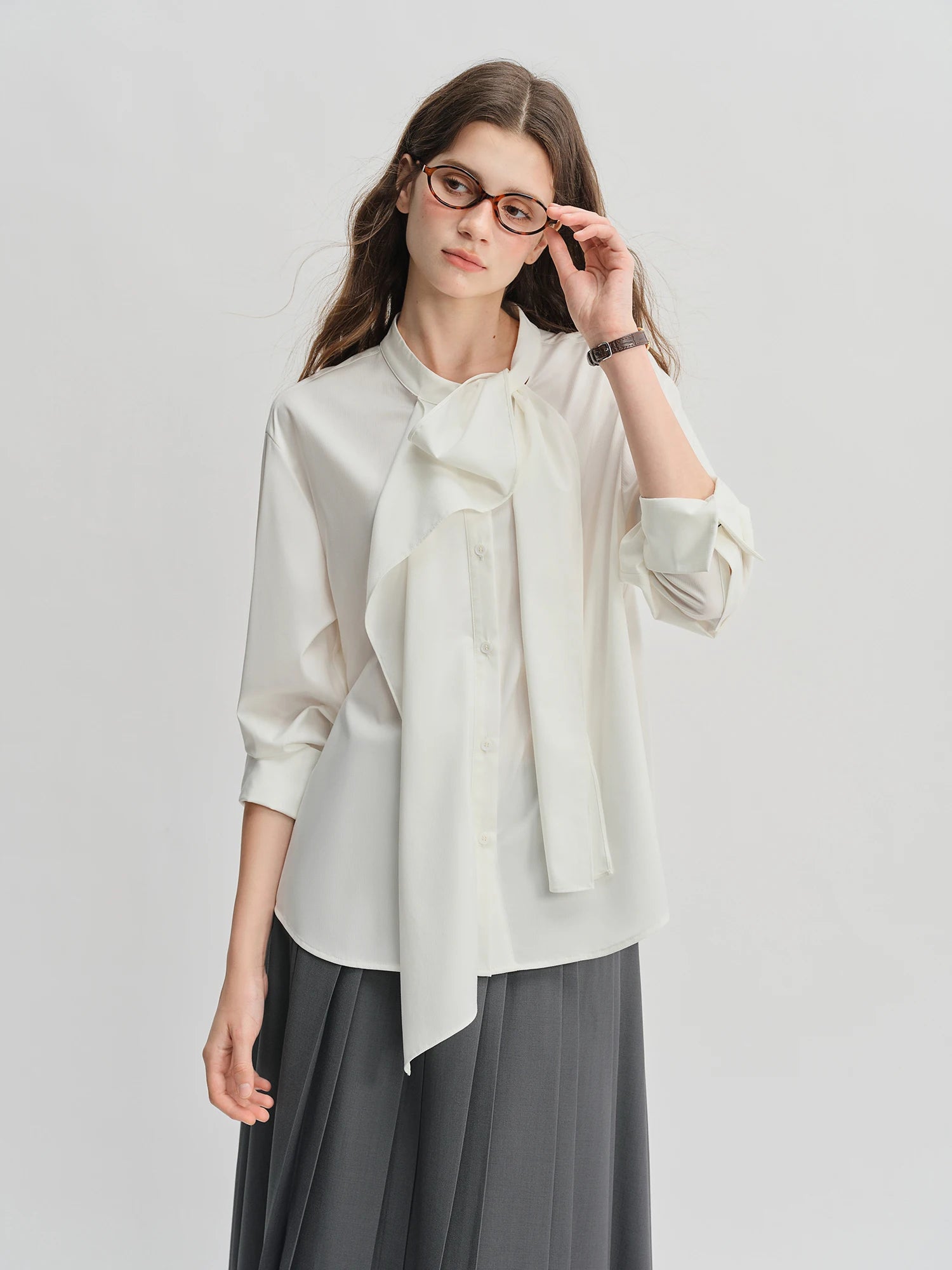 DUSHU Autumn 2025 Women's Ribbon Tie Blouse - Irregular Design Flowy Shirt with Tailored Fit for Office Casual