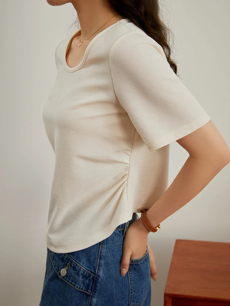 DUSHU Simple Round Neck Short-sleeved T-shirt for Women Summer New All-match Slim Thin Solid Color Short Top for Female