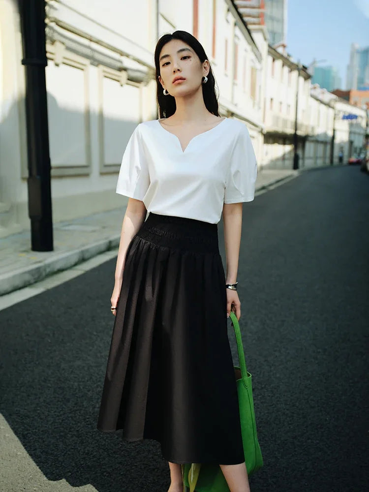 DUSHU Summer Unique Design Elegant Casual Versatile Women White T-Shirt 2024 New Drop Collar Exquisite Top For Female 24DS82350