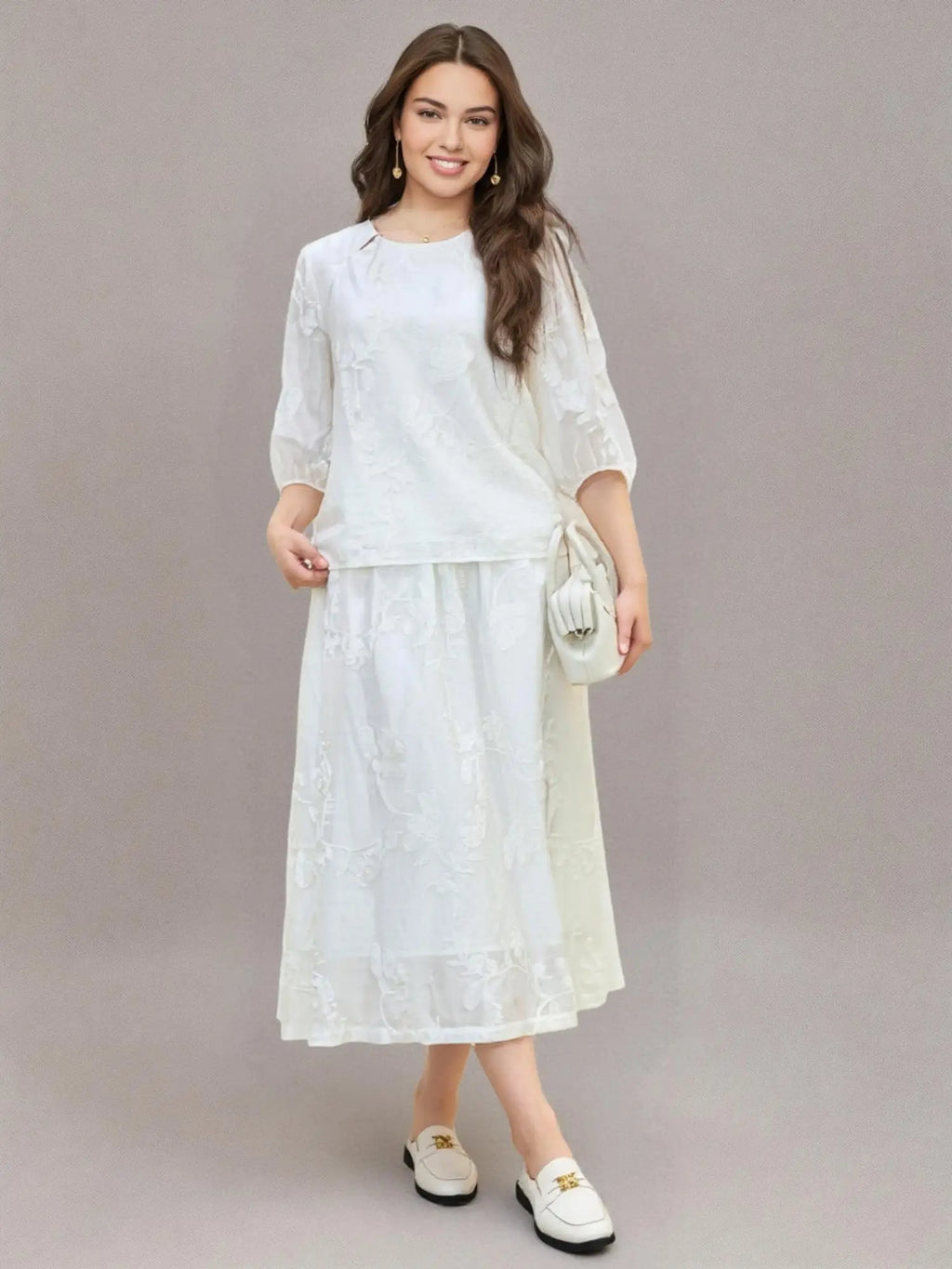DUSHU Women Summer Sets Female White Three-quarter Sleeves Embroidered Tops Elastic Waist Long Skirt  25DS81320+25DS81321