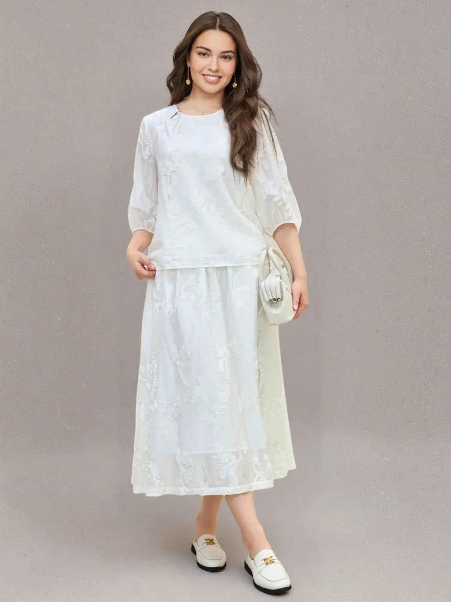 DUSHU Women Summer Sets Female White Three-quarter Sleeves Embroidered Tops Elastic Waist Long Skirt  25DS81320+25DS81321