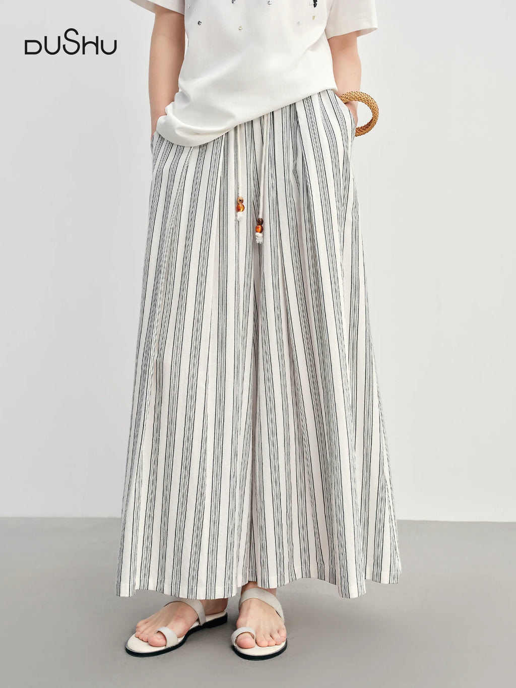 DUSHU Summer 2025 Women's Textured Cotton-Linen Wide Leg Pants - Minimalist Stripe Drawstring Waist Relaxed Fit for Resort