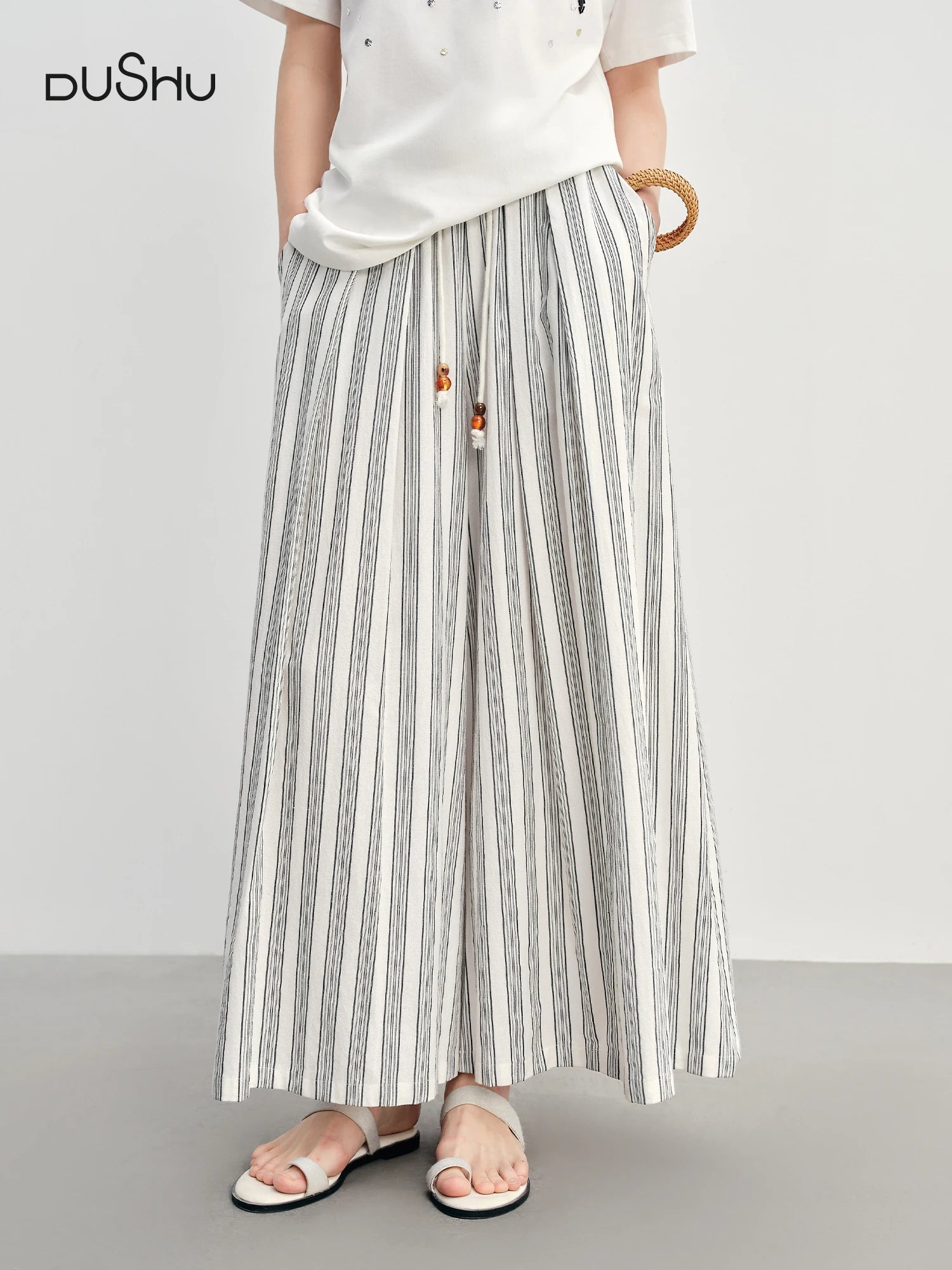 DUSHU Summer 2025 Women's Textured Cotton-Linen Wide Leg Pants - Minimalist Stripe Drawstring Waist Relaxed Fit for Resort