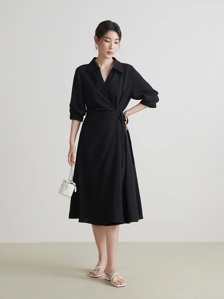 DUSHU 【2 Colors】Women Wrap Design Turn-down Collar Temperament Drape Dress Summer Half Sleeve Black Long A-LINE Dress 24DS82102